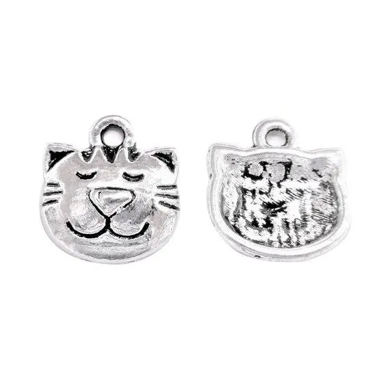 10 Pcs Tibetan Silver Smiley Cat Head Cheshire Alice 14X14mm Charms Pendants