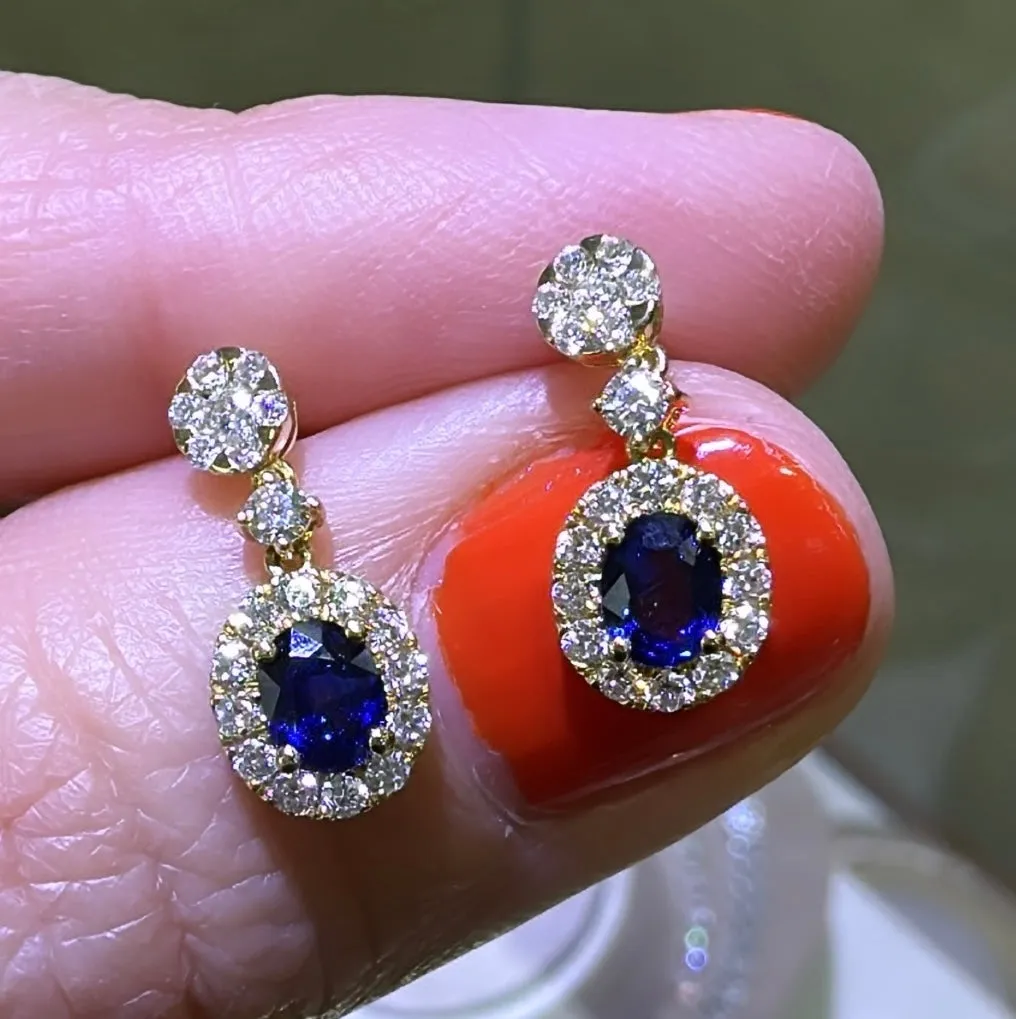 1.05ct tw Ladies Diamond and Blue Oval Sapphire Drop Earrings