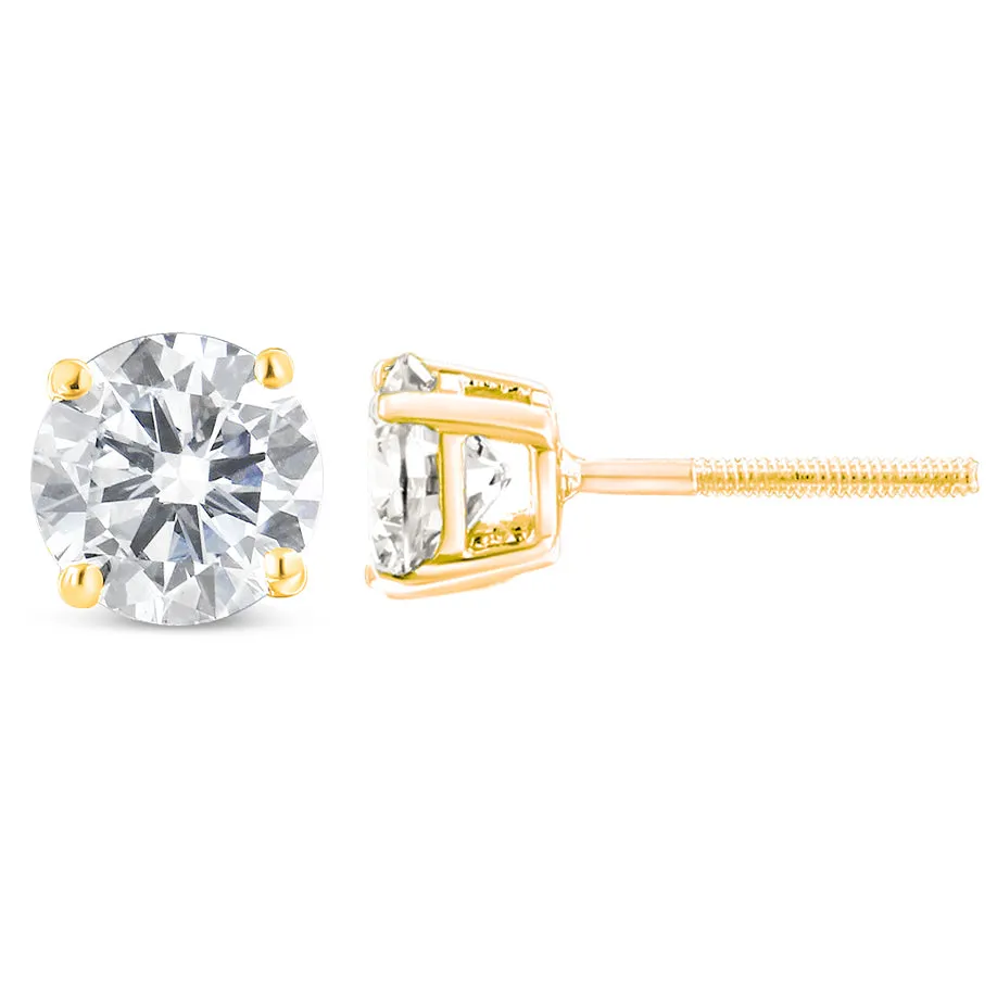 10K Yellow Gold 1-1/2 Cttw Round Brilliant-Cut Diamond Classic 4-Prong Stud Earrings with Screw Backs