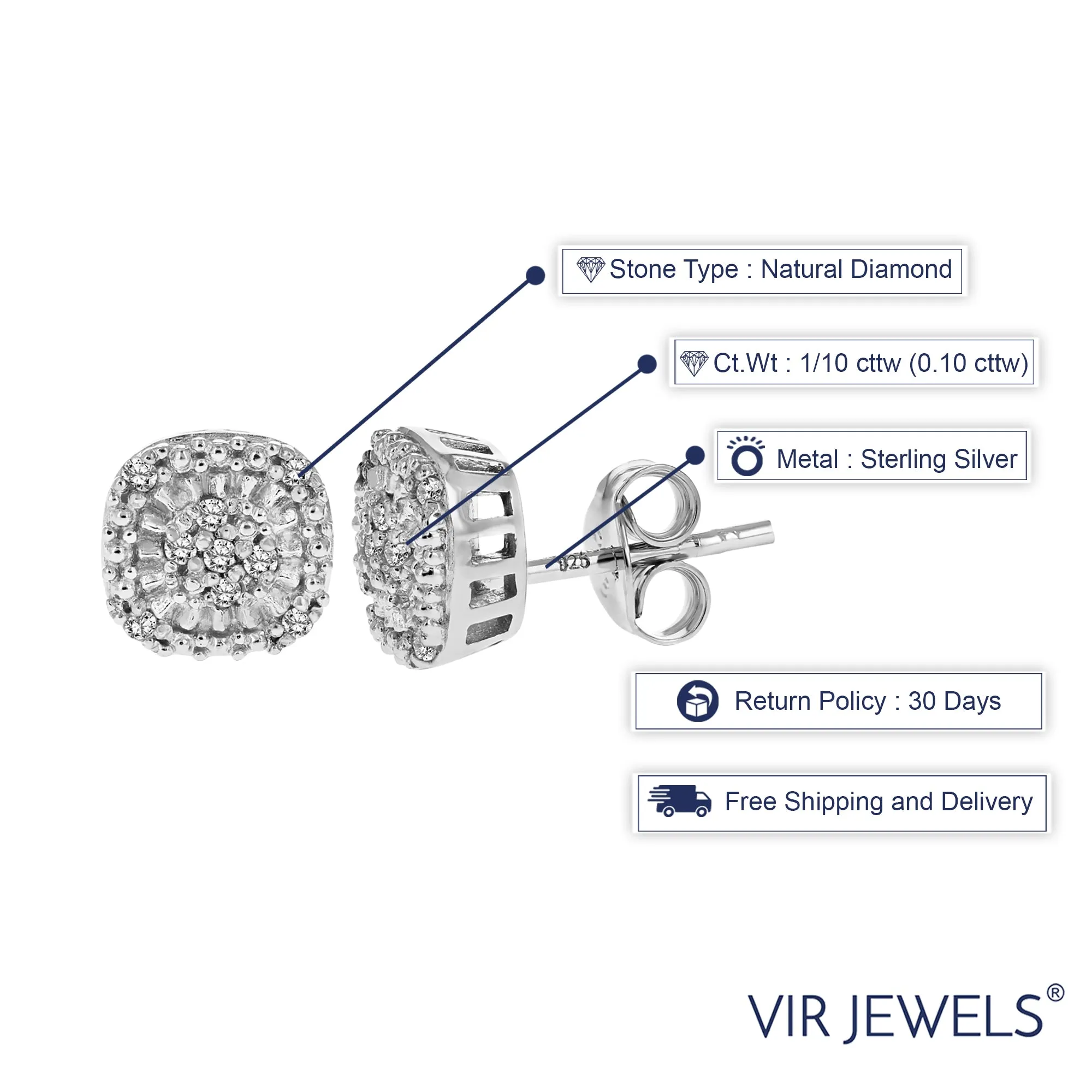 1/10 cttw Diamond Earrings .925 Sterling Silver with Rhodium Plating