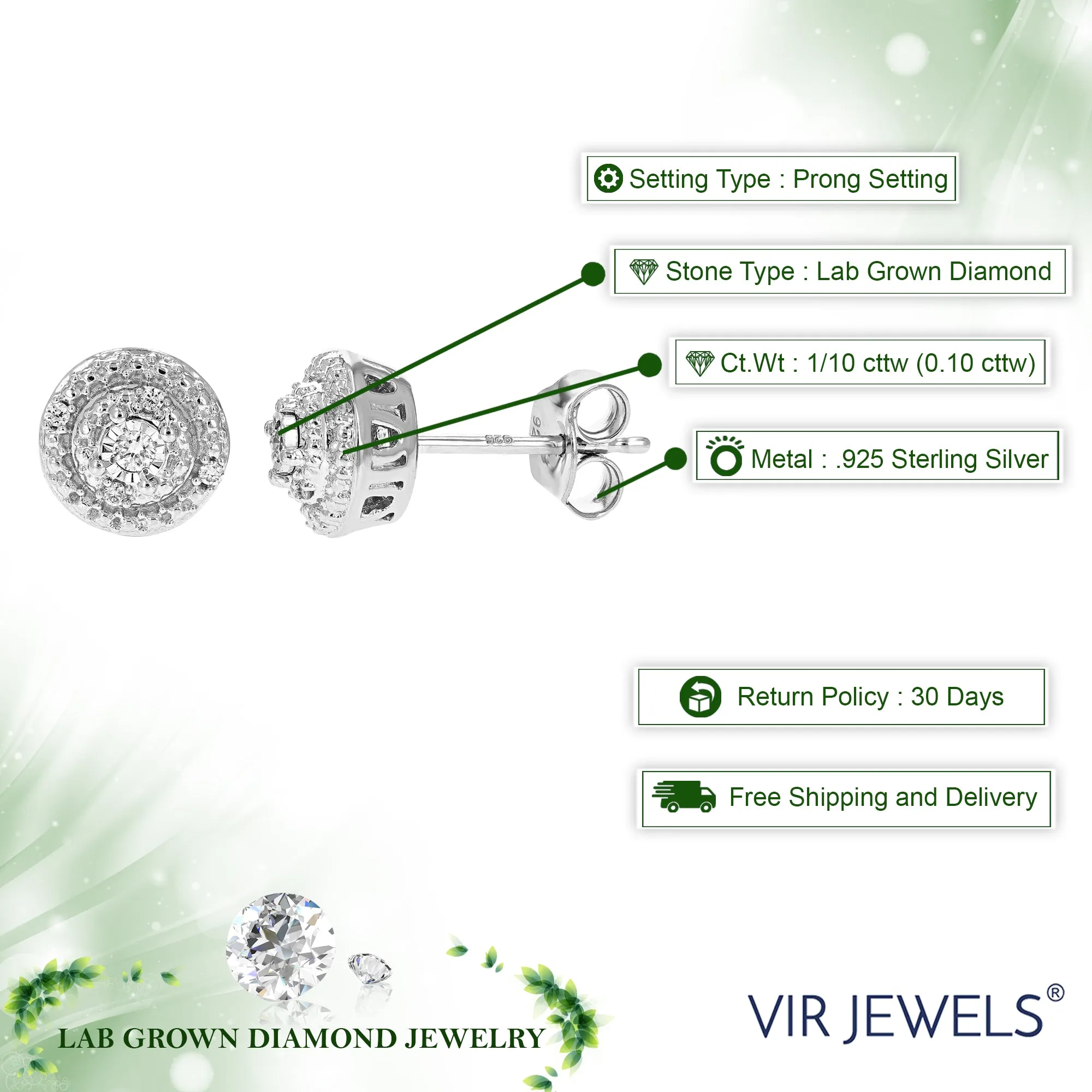 1/10 cttw Round Cut Lab Grown Diamond .925 Sterling Silver Stud Earrings with Push Back Prong Set