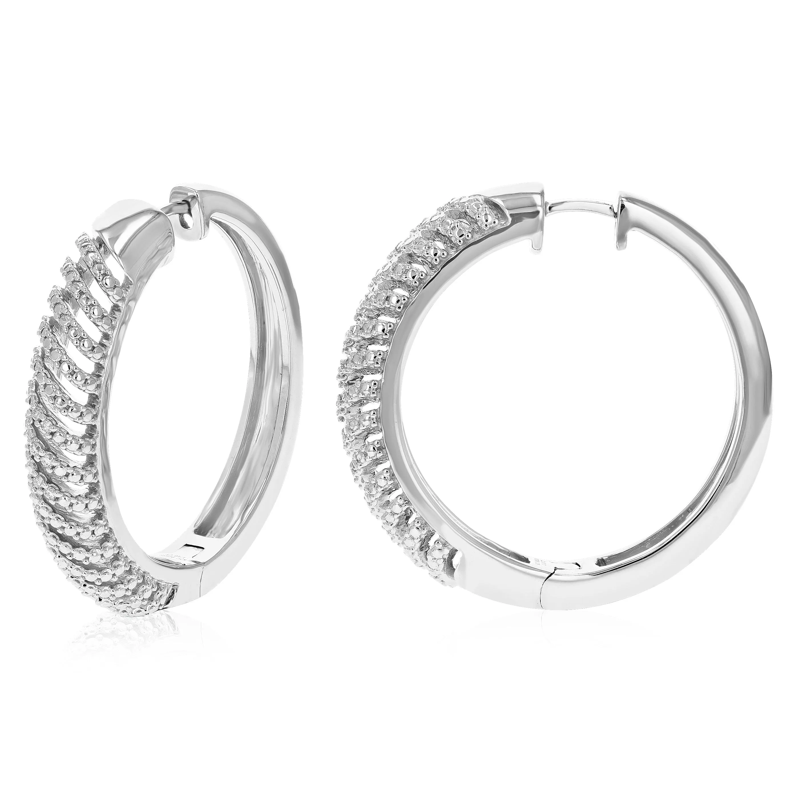 1/10 cttw Round Lab Grown Diamond Hoop Earrings .925 Sterling Silver Prong Set 1 1/2 Inch