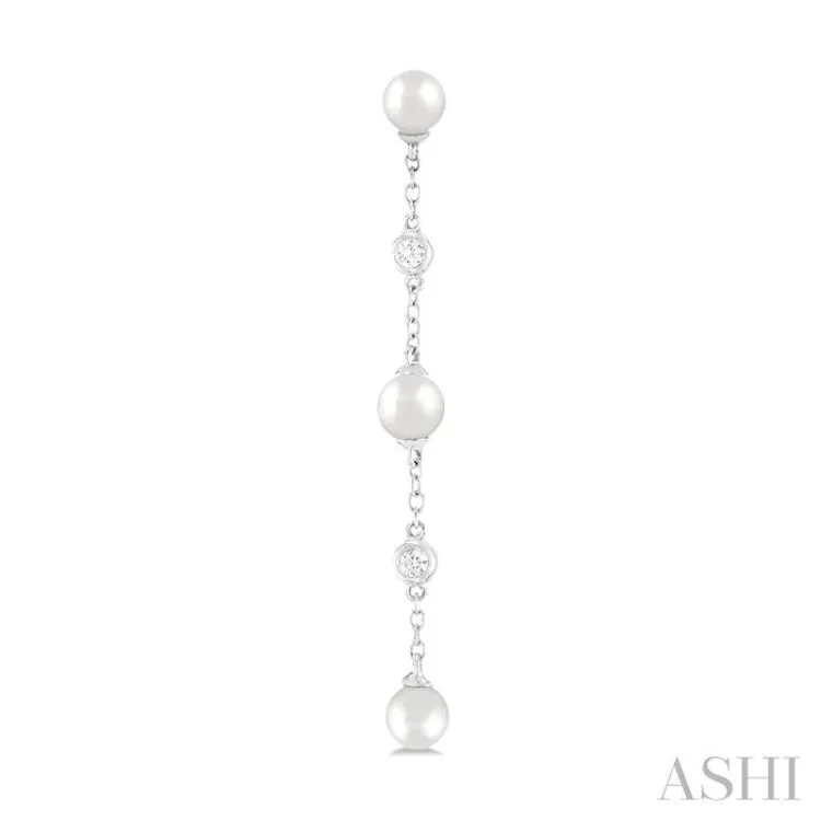 1/20 ctw Cultured Pearls 4 MM and Round Cut Diamond Station Long Earring in 14K White Gold