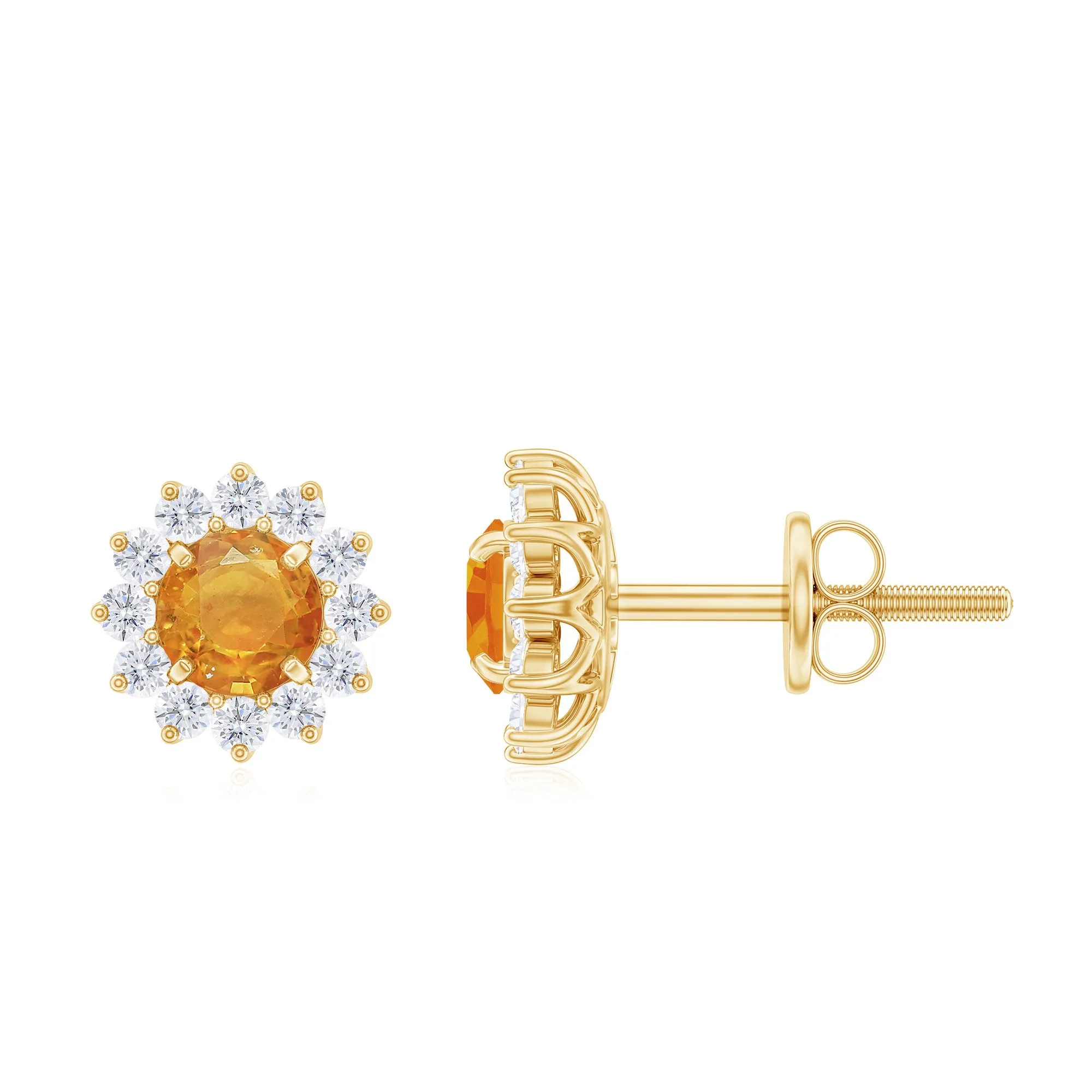 1.25 CT Orange Sapphire Flower Stud Earrings with Diamond Halo