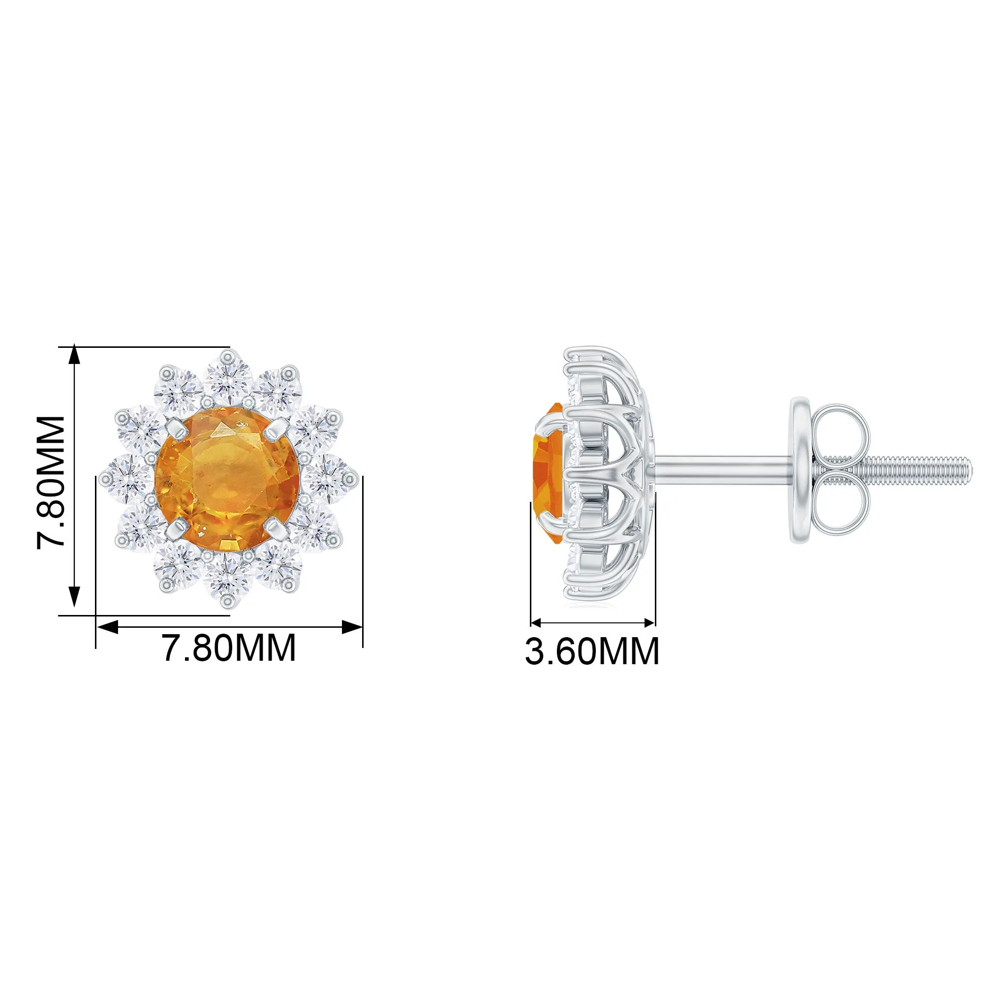 1.25 CT Orange Sapphire Flower Stud Earrings with Diamond Halo