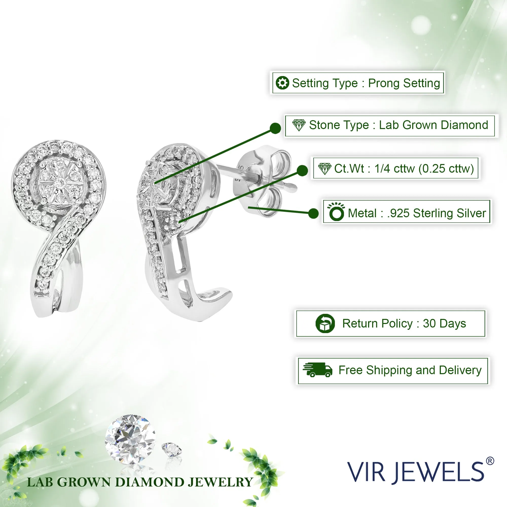 1/4 cttw 60 Stones Round Lab Grown Diamond Dangle Earrings .925 Sterling Silver prong Set 2/3 Inch