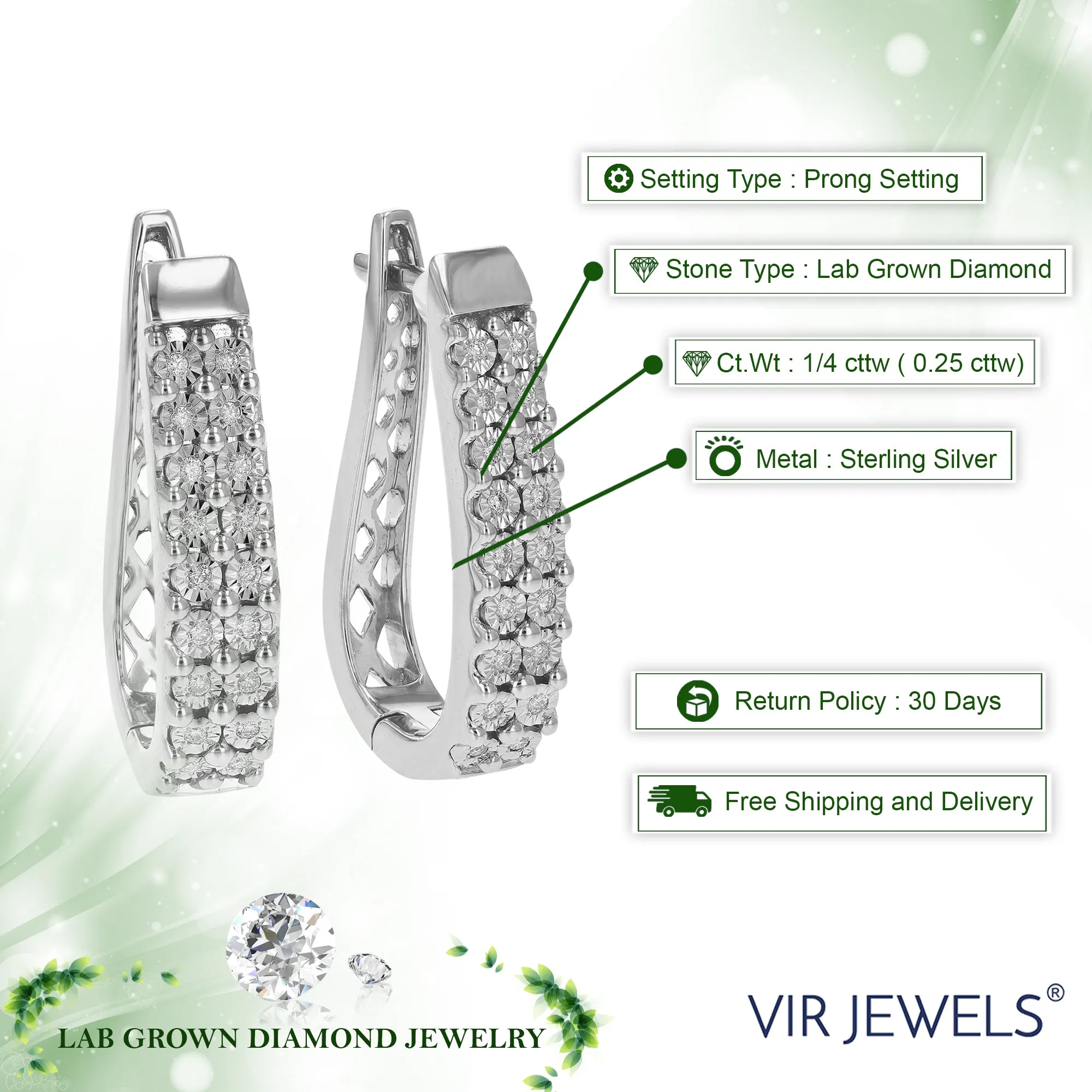 1/4 cttw Round Lab Grown Diamond Hoop Earrings in .925 Sterling Silver Prong Set 1 Inch