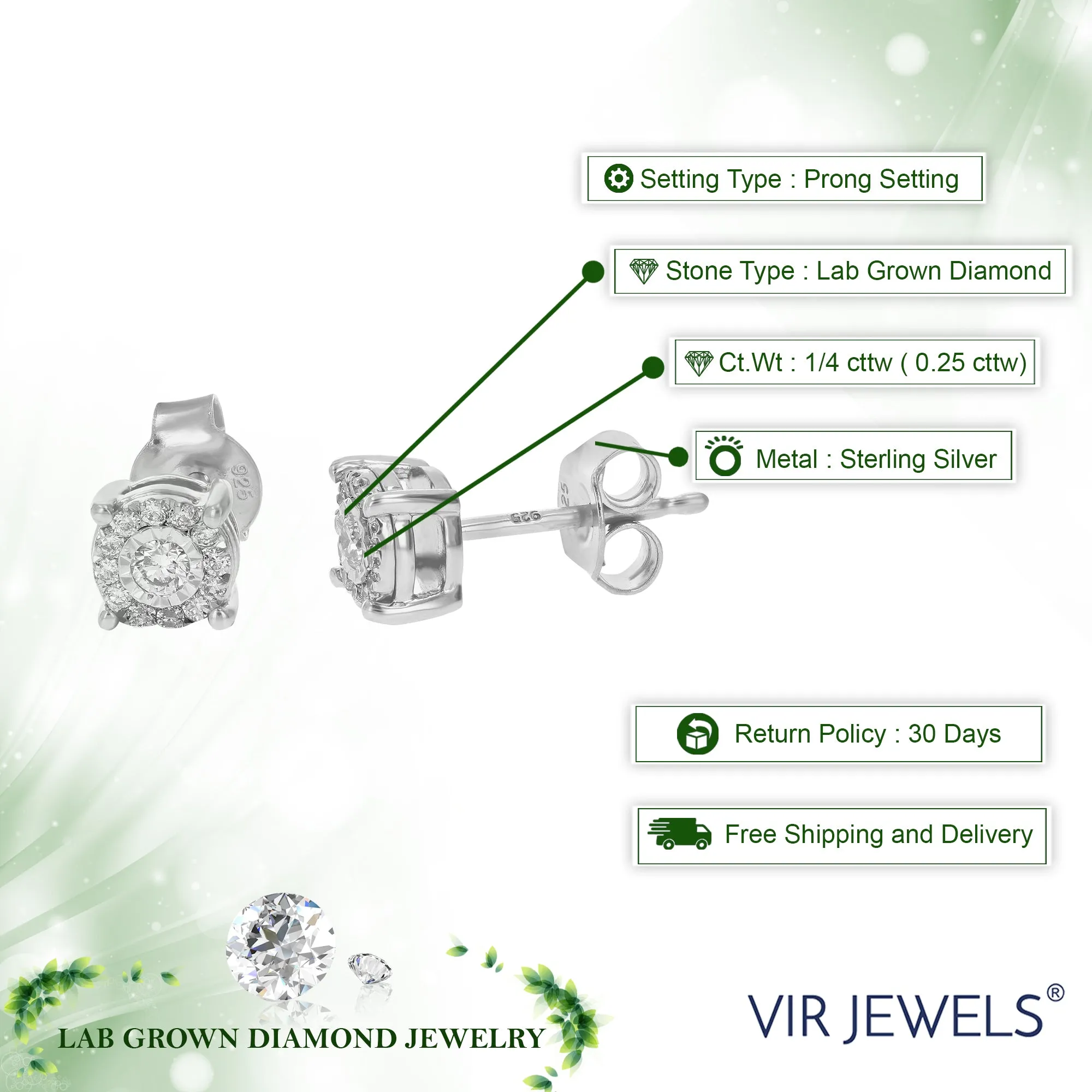 1/4 cttw Round Lab Grown Diamond Stud Earrings For Women .925 Sterling Silver Prong Set