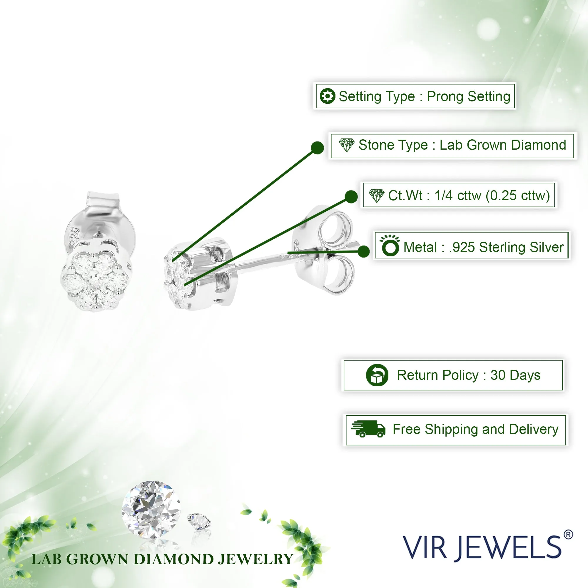 1/4 cttw Round Lab Grown Diamond Studs Earrings .925 Sterling Silver Prong Set 2/5 Inch