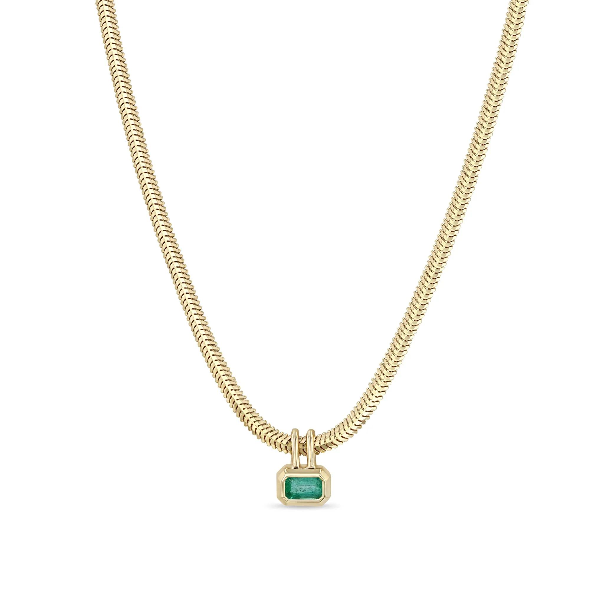 14k Emerald Cut Emerald Pendant Snake Chain Necklace