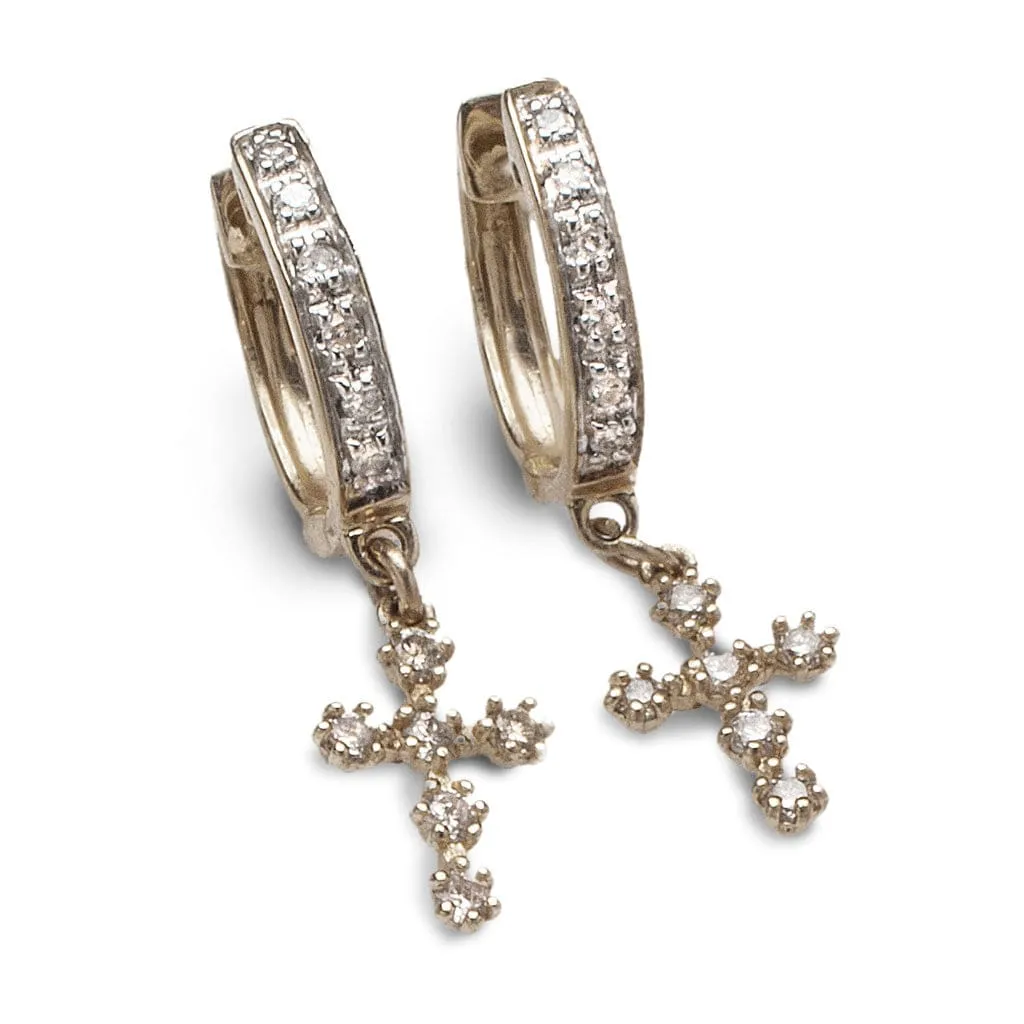 14K Gold and Diamond Hoop Earrings with Diamond Cross