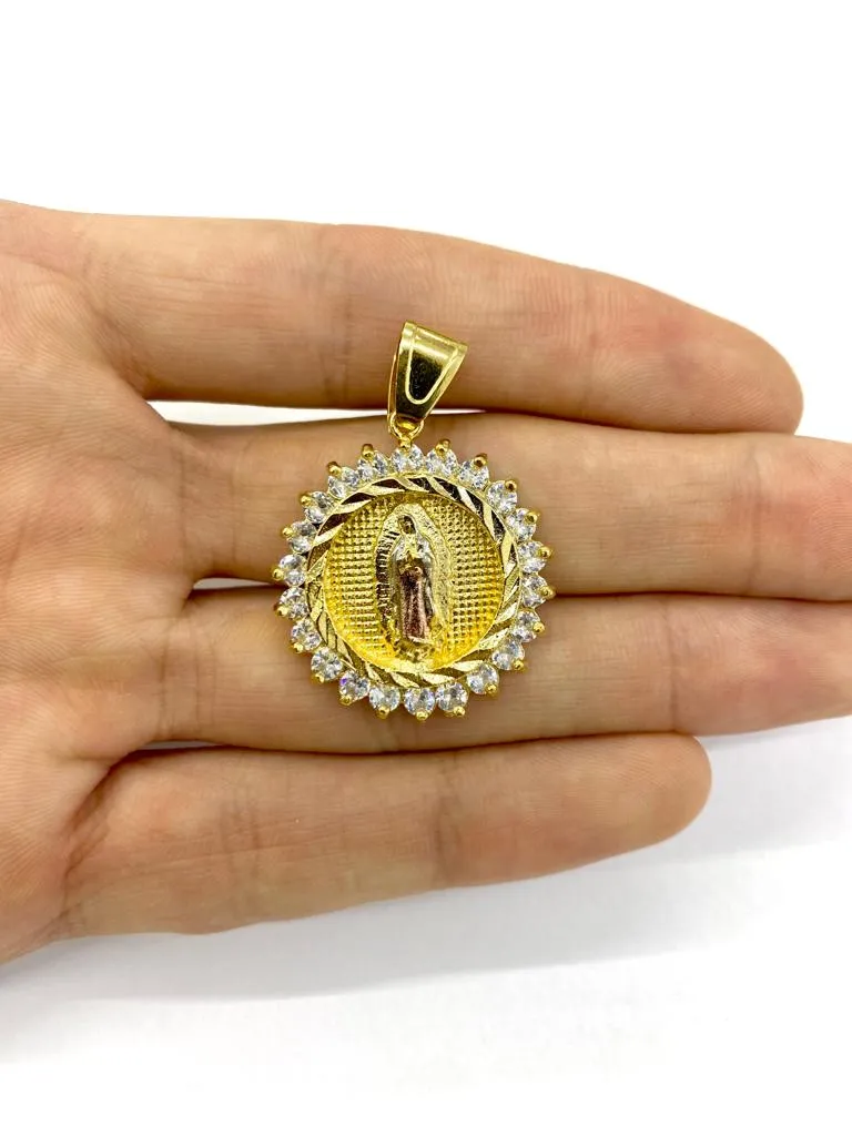 14K Gold Filled Virgen de Guadalupe Pendant Charm CZ 30x28mm Unisex Catholics Jewelry