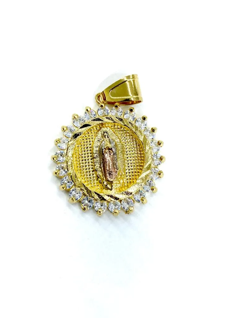 14K Gold Filled Virgen de Guadalupe Pendant Charm CZ 30x28mm Unisex Catholics Jewelry