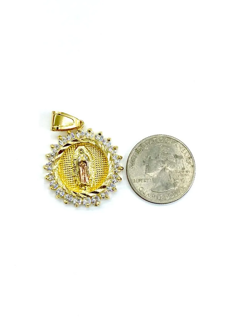 14K Gold Filled Virgen de Guadalupe Pendant Charm CZ 30x28mm Unisex Catholics Jewelry