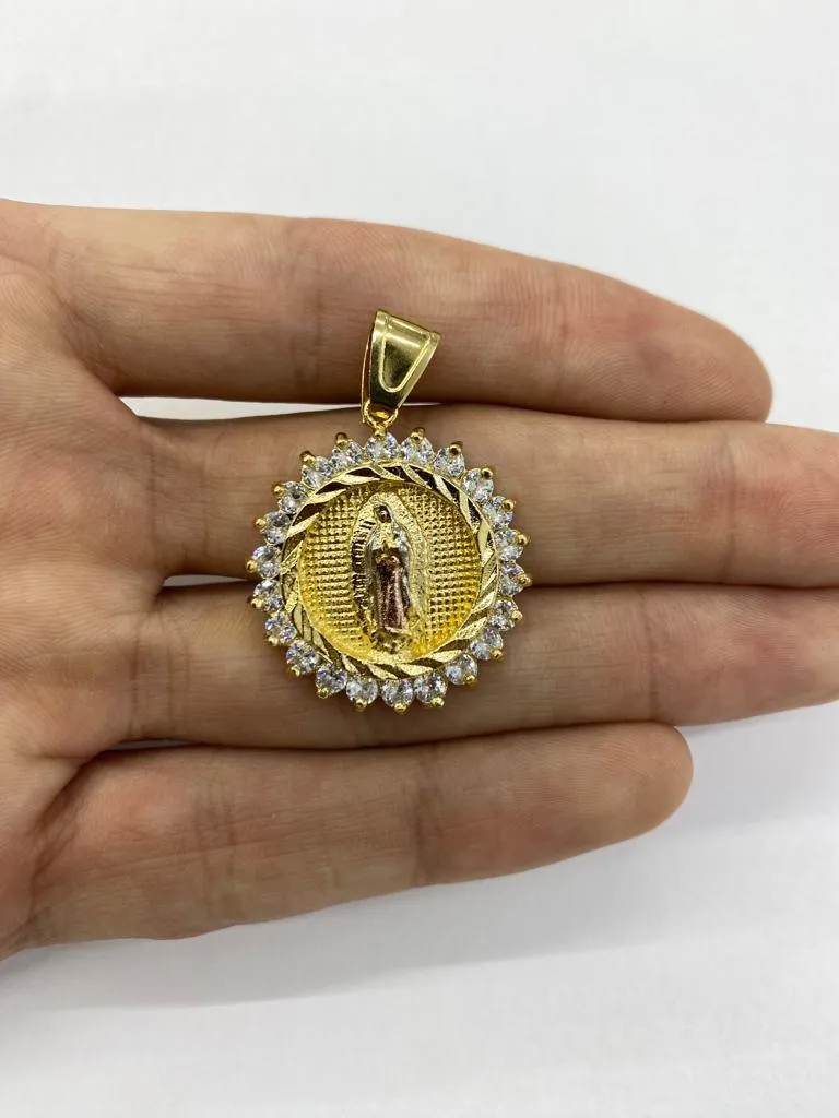 14K Gold Filled Virgen de Guadalupe Pendant Charm CZ 30x28mm Unisex Catholics Jewelry