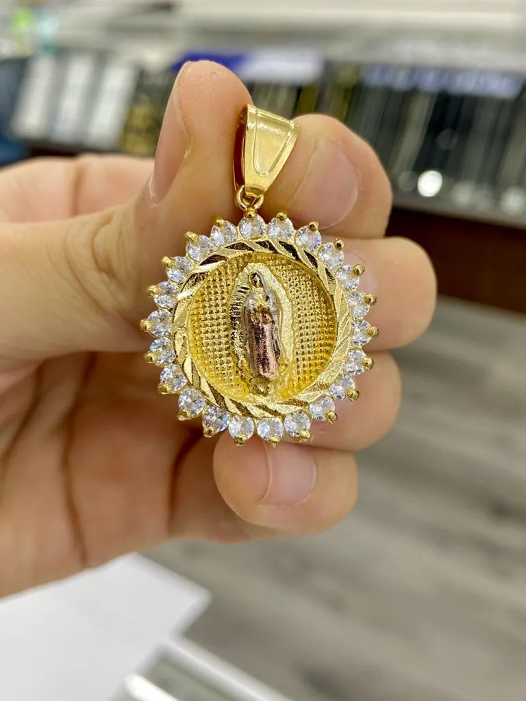 14K Gold Filled Virgen de Guadalupe Pendant Charm CZ 30x28mm Unisex Catholics Jewelry