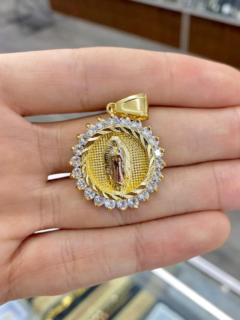 14K Gold Filled Virgen de Guadalupe Pendant Charm CZ 30x28mm Unisex Catholics Jewelry