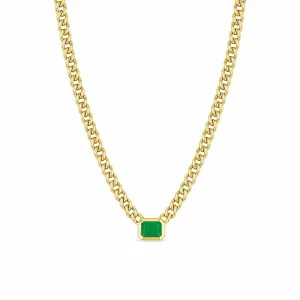 14k Medium Curb Chain Emerald Cut Emerald Bezel Necklace