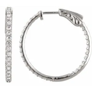 14K White 1/4 CTW Natural Diamond Inside-Outside 14.5 mm Hinged Hoop Earrings