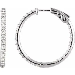 14K White 1/4 CTW Natural Diamond Inside-Outside 14.5 mm Hinged Hoop Earrings