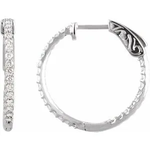 14K White 1/4 CTW Natural Diamond Inside-Outside 14.5 mm Hinged Hoop Earrings