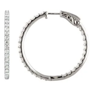 14K White 1/4 CTW Natural Diamond Inside-Outside 14.5 mm Hinged Hoop Earrings