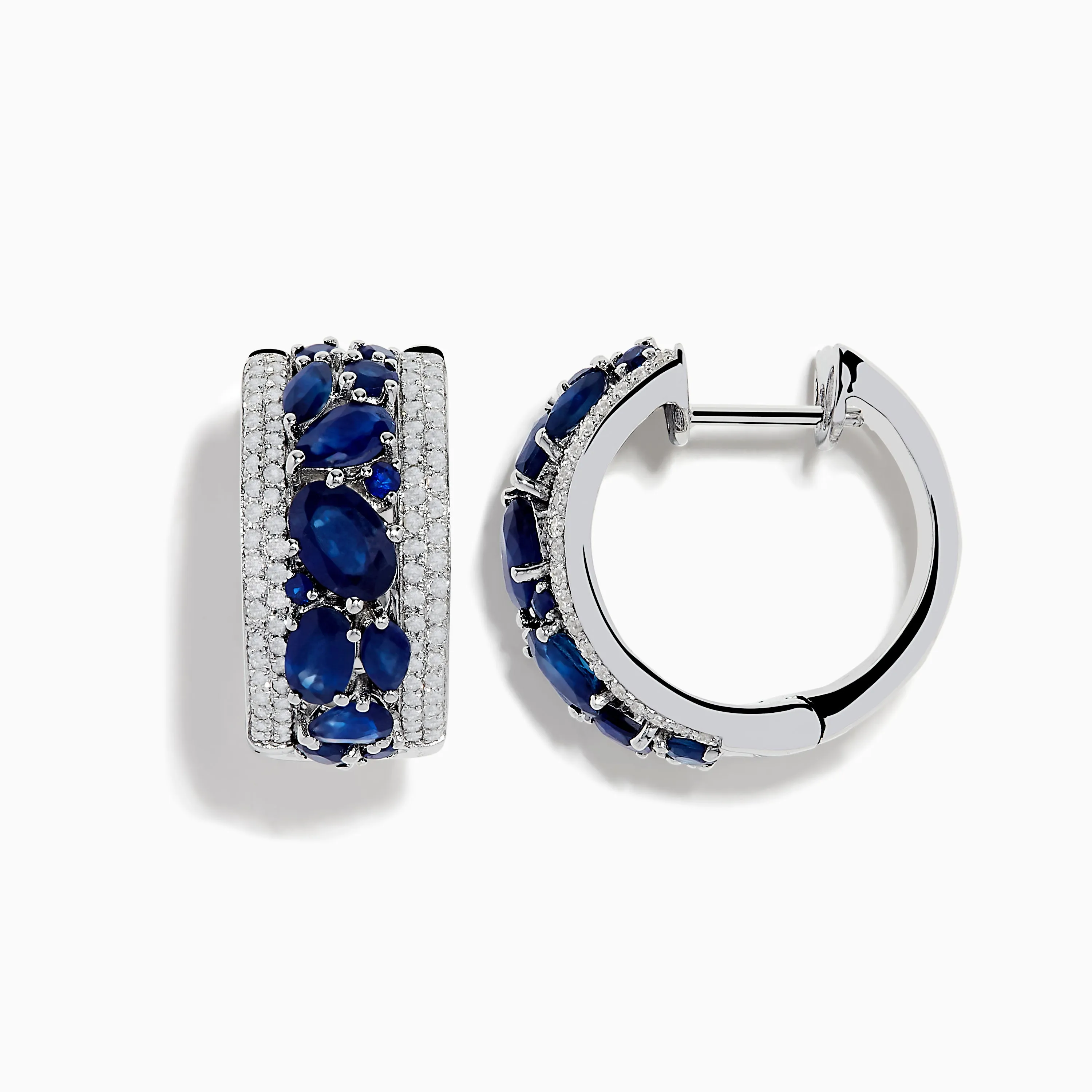 14K White Gold Sapphire and Diamond Huggie Earrings