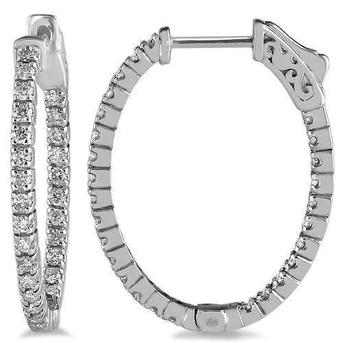 14K White Solid Gold Womens Diamond Hoop Earrings 1.02 Ctw