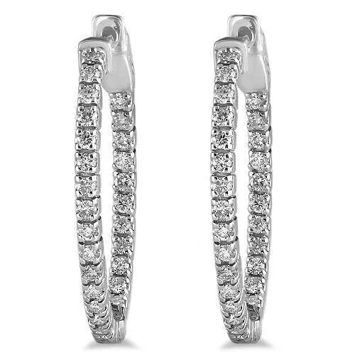 14K White Solid Gold Womens Diamond Hoop Earrings 1.02 Ctw