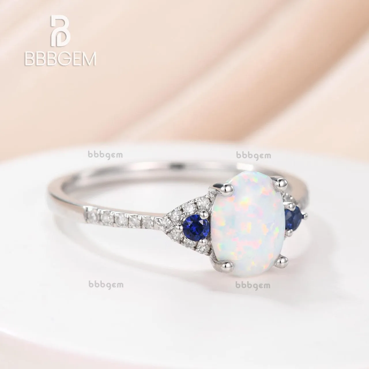 14K/18K Art Deco Three Stone Opal And Sapphire Engagement Ring