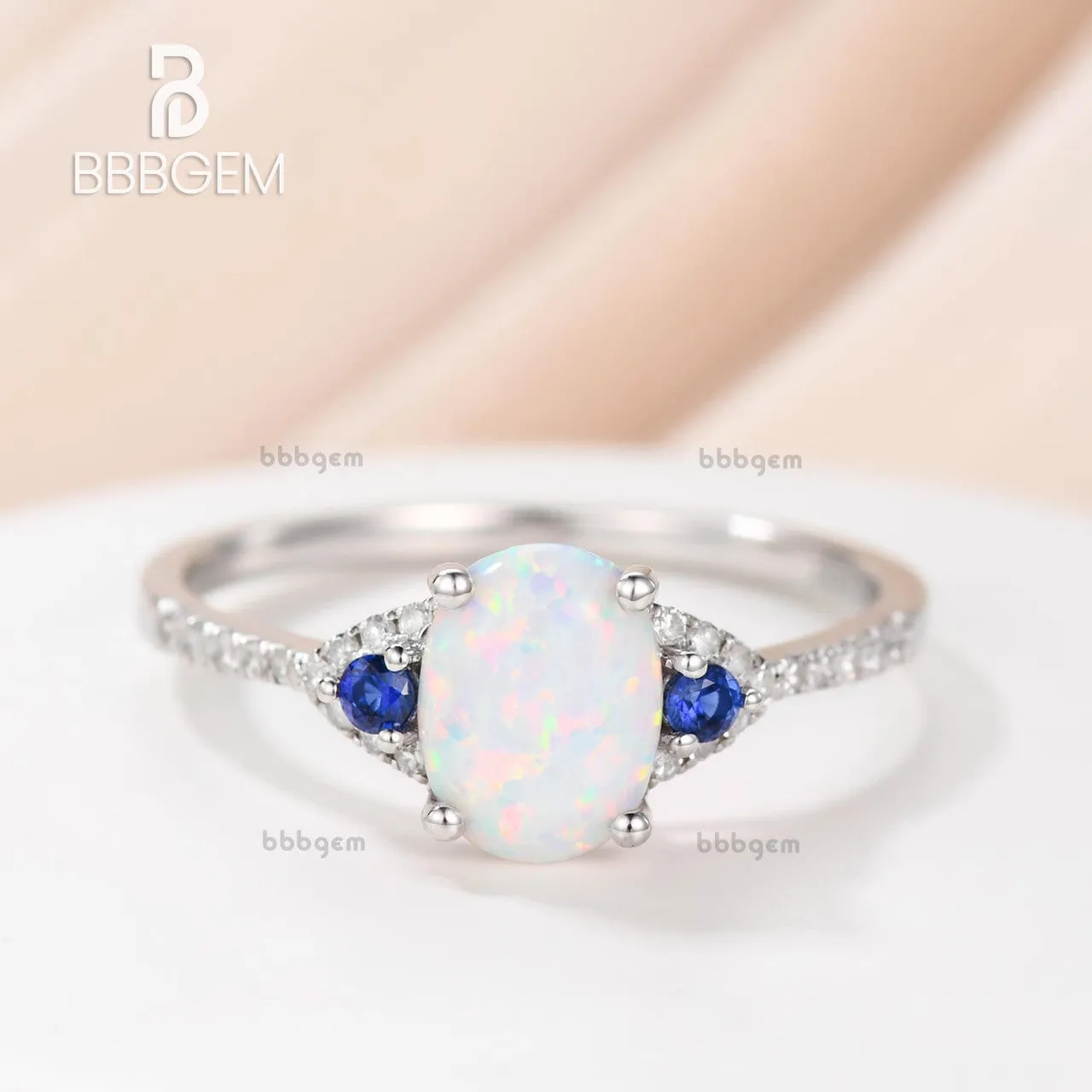 14K/18K Art Deco Three Stone Opal And Sapphire Engagement Ring