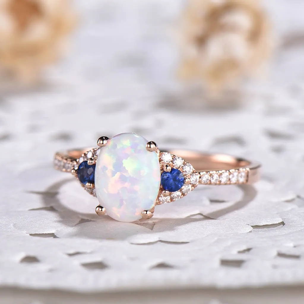 14K/18K Art Deco Three Stone Opal And Sapphire Engagement Ring