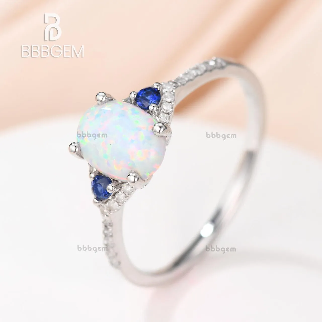 14K/18K Art Deco Three Stone Opal And Sapphire Engagement Ring