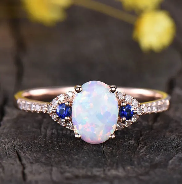 14K/18K Art Deco Three Stone Opal And Sapphire Engagement Ring