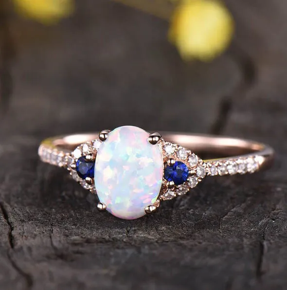 14K/18K Art Deco Three Stone Opal And Sapphire Engagement Ring