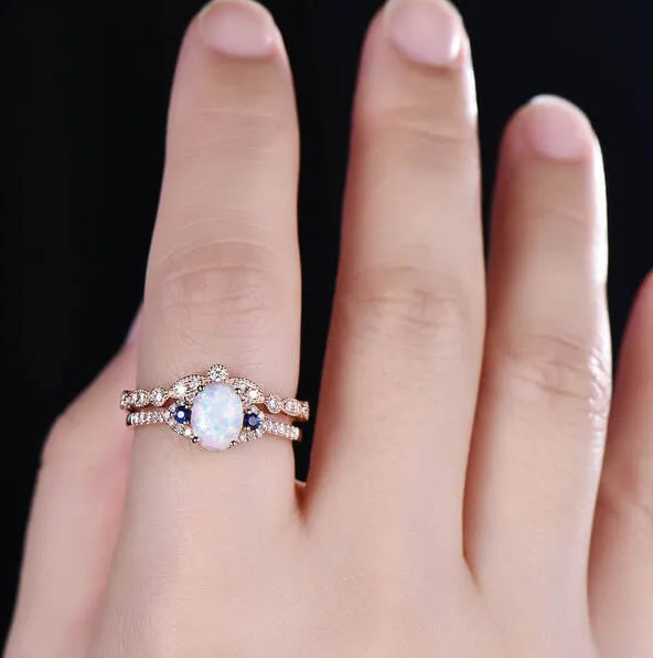 14K/18K Art Deco Three Stone Opal And Sapphire Engagement Ring