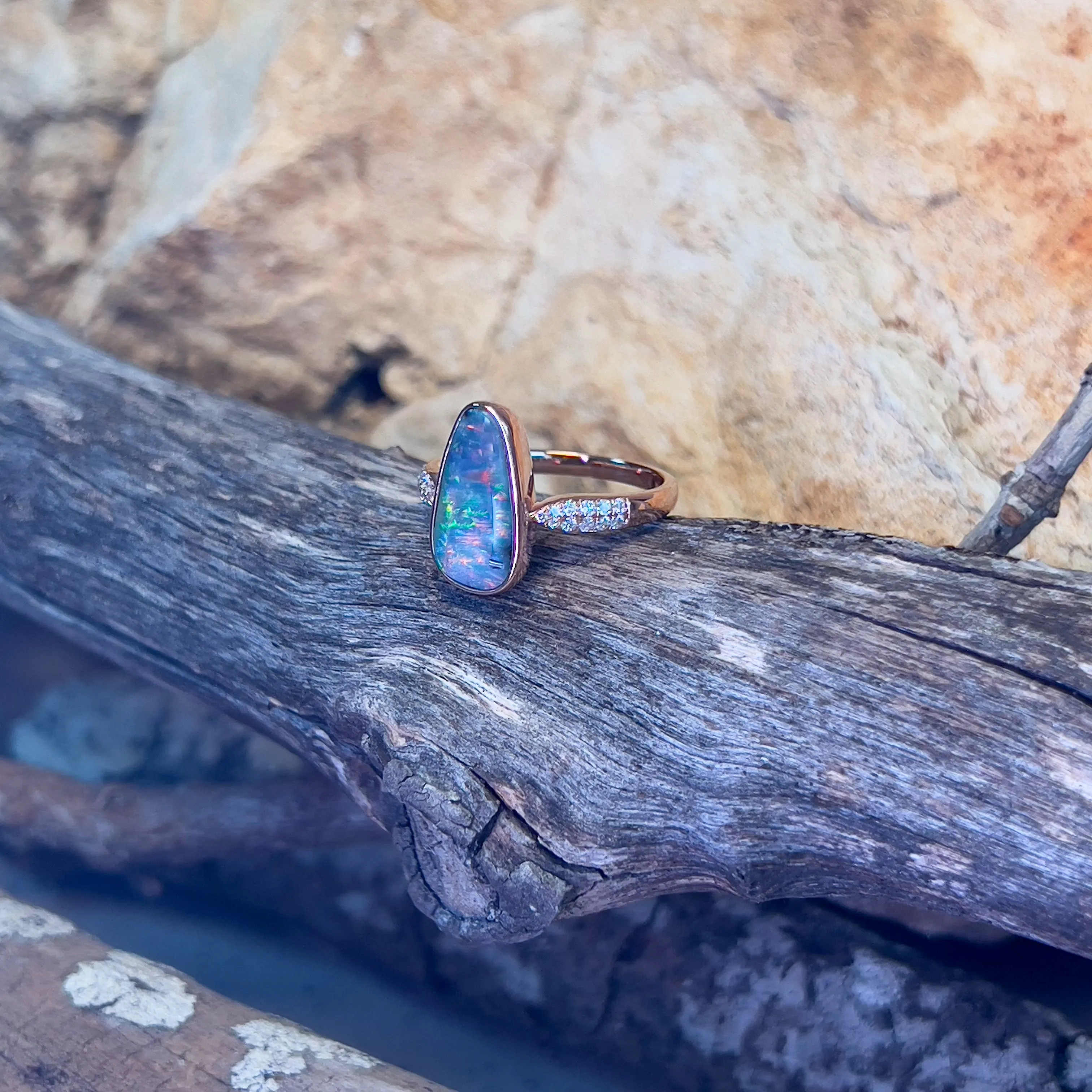 14kt Rose Gold Boulder Opal 1.99ct Diamond ring