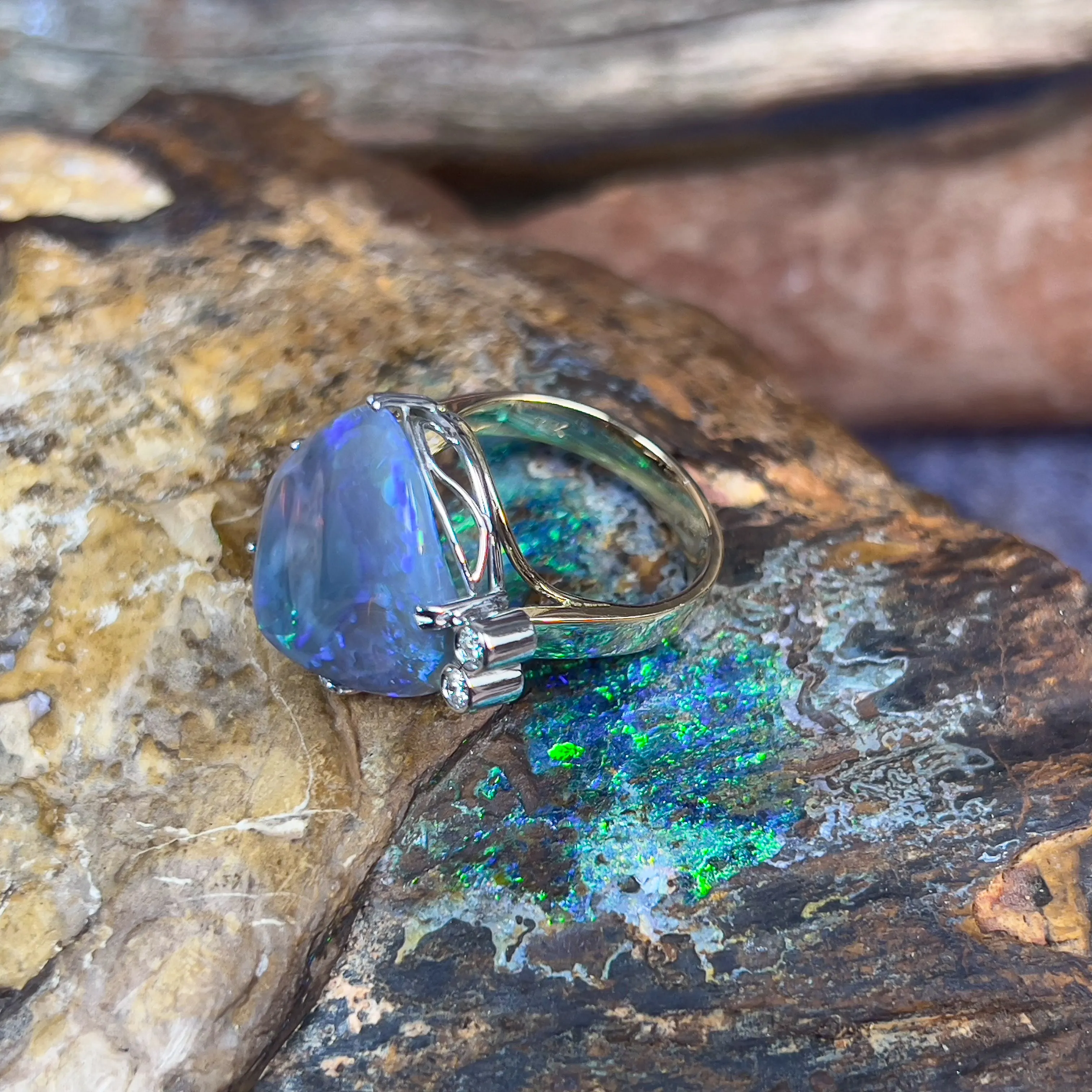 14kt White and Yellow Gold Black Opal 8.89ct and Diamond ring 0.08ct