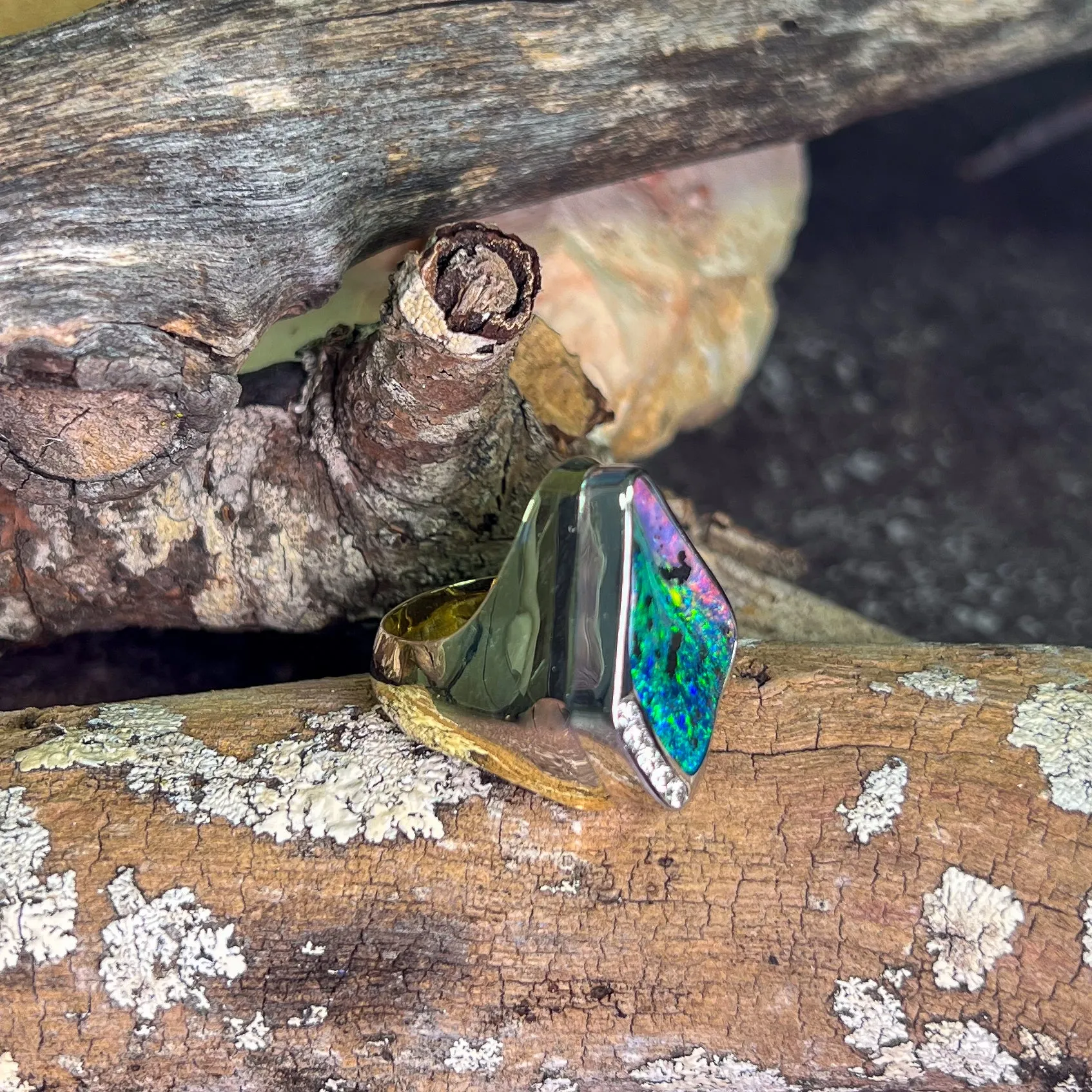 14kt White and Yellow Gold Mens Boulder and Diamond ring