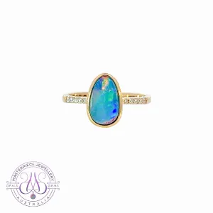 14kt Yellow Gold Opal doublet red green flash and diamond band ring