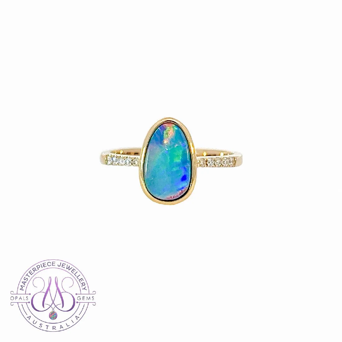 14kt Yellow Gold Opal doublet red green flash and diamond band ring