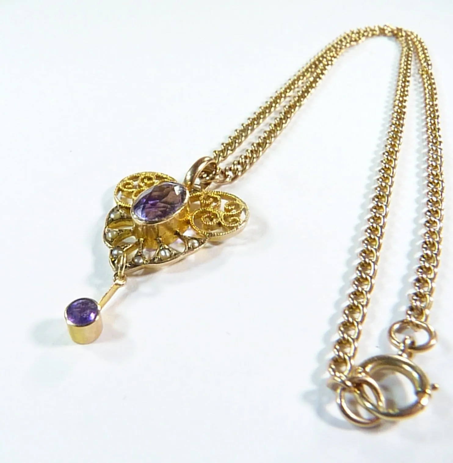 15ct Gold Hallmarked Victorian Gold Amethyst And Seed Pearl Necklace