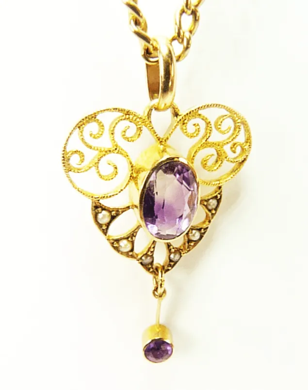 15ct Gold Hallmarked Victorian Gold Amethyst And Seed Pearl Necklace