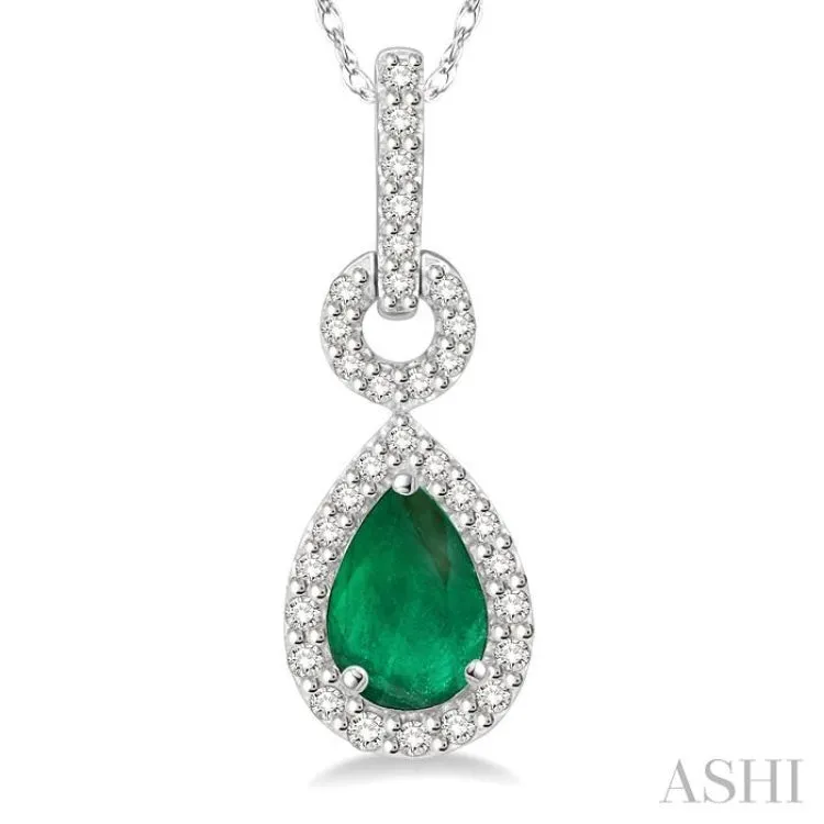 1/6 Ctw Round Cut Diamond and Pear Cut 6x4 MM Emerald Drop Precious Pendant in 10K White Gold with chain