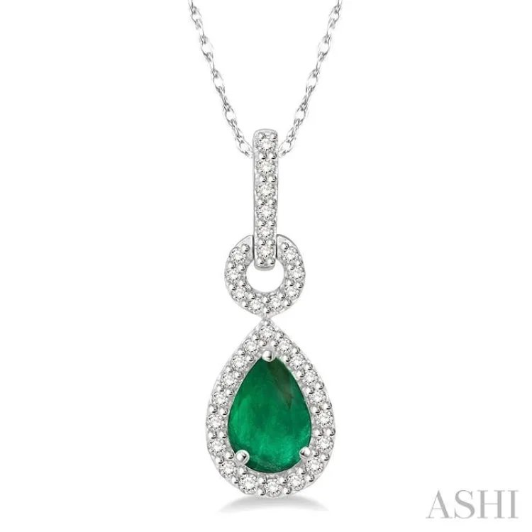 1/6 Ctw Round Cut Diamond and Pear Cut 6x4 MM Emerald Drop Precious Pendant in 10K White Gold with chain