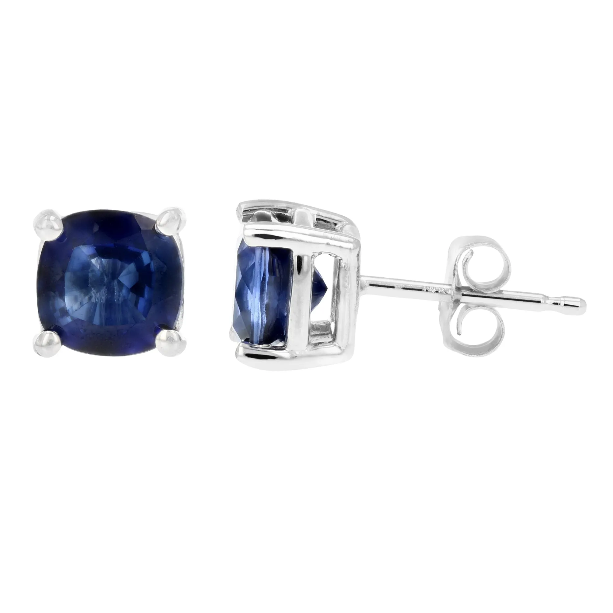 1.80 cttw 6 MM Created Blue Sapphire Stud Earrings 14K White Gold Cushion Cut with Push Backs September Birthstone