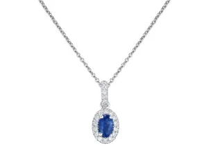 18ct White Gold 0.35ct Oval Cut Blue Sapphire And 0.09ct Diamond Halo Drop Necklace