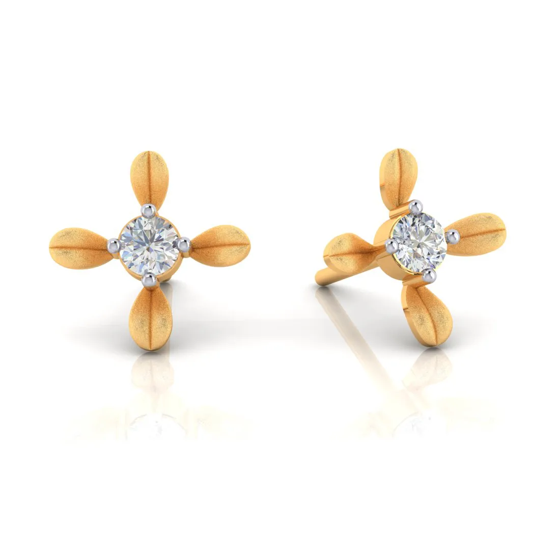 18k 4 Petal Floral Designed Gold Earrings With Diamond