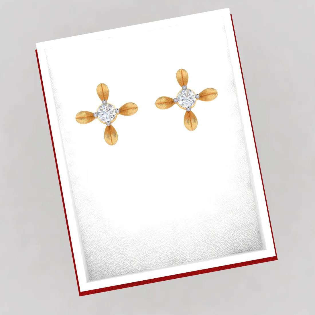 18k 4 Petal Floral Designed Gold Earrings With Diamond