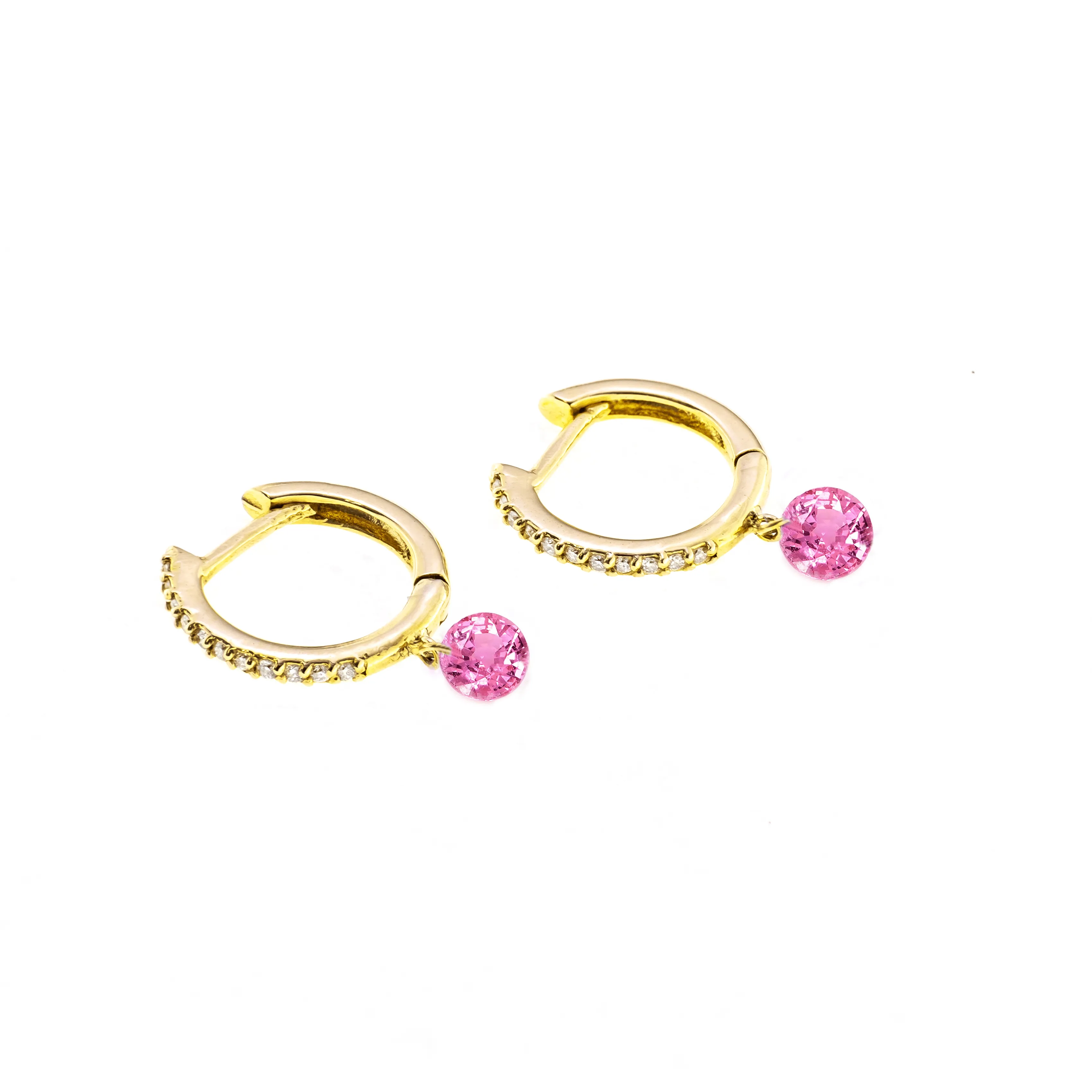 18K Gold Drilled Pink Sapphire Huggie Hoops Earrings